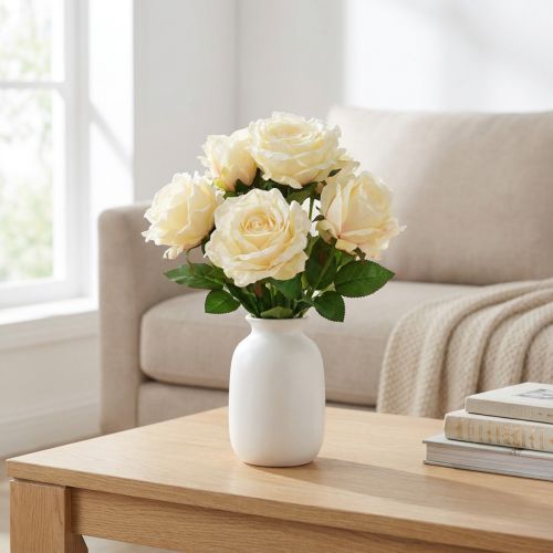 Artículo Rosas Artificiales Ramo De Flores Artificiales Rosas Crema Amarilla Selección 54cm
