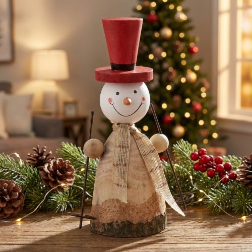 Figura decorativa muñeco de nieve de madera con sombrero rojo natural Al. 20,5 cm | Floristik24.es