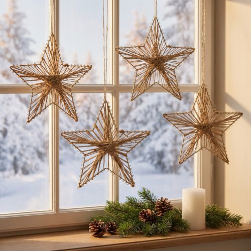 Estrella envuelta en yute decoración navideña rústica 20cm 4ud | Floristik24.es