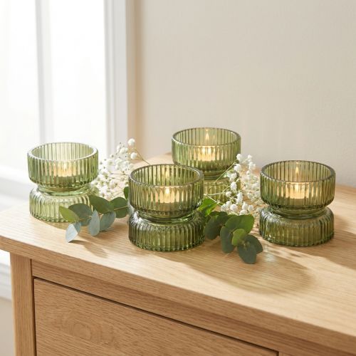 Portavelas de cristal decorativos, acanalados, verdes, Ø9cm, H7cm, 4 unidades | Floristik24.es