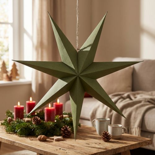 Estrella decorativa de papel y yute para colgar, un elemento festivo que llama la atención. | Floristik24.es