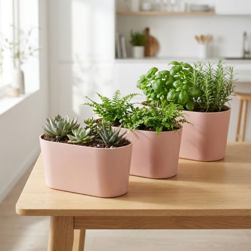 Artículo Cuenco para plantas cuenco decorativo ovalado plástico rosa marrón 20×10×11cm 3ud