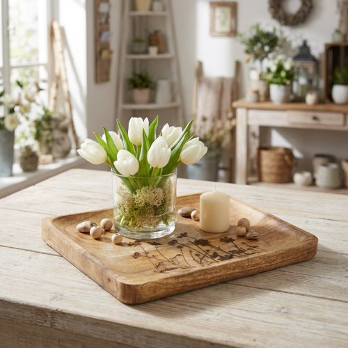 Bandeja decorativa de madera de mango con estampado floral, 25×20 cm. | Floristik24.es
