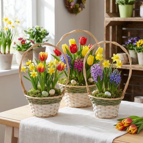 Cesta para flores Henkel, verde natural, gris, blanco, Ø18–26cm, juego de 3. | Floristik24.es