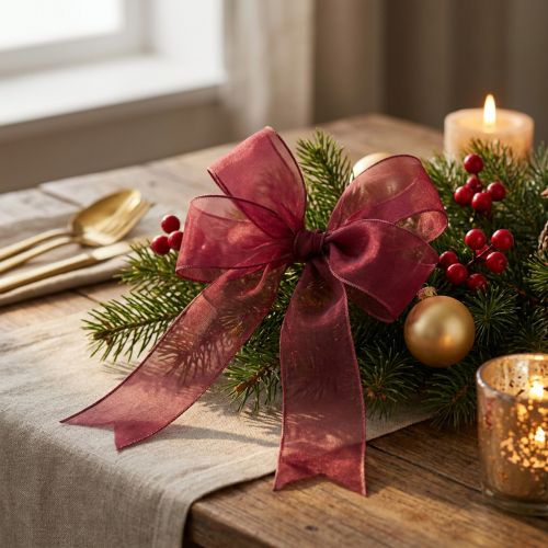 Cinta de organza para regalo con orillo burdeos 50m | Floristik24.es