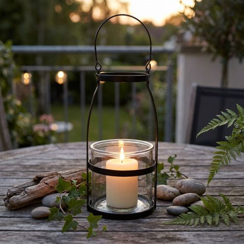 Farol de cristal con asa candelabro negro H25cm | Floristik24.es