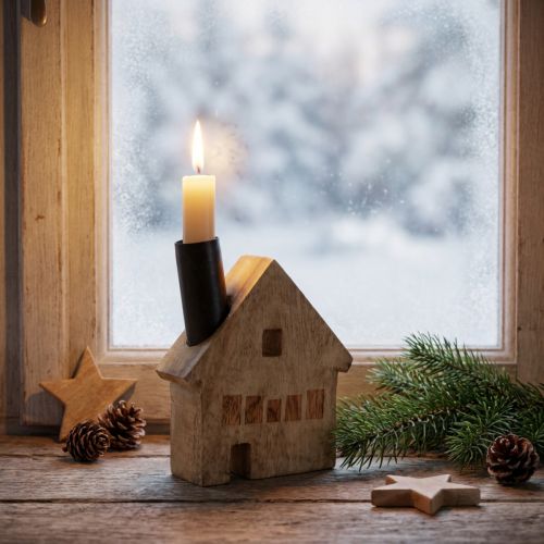 Portavelas decorativo de madera con forma de casa, negro, 10,5 × 3,5 × 13 cm | Floristik24.es