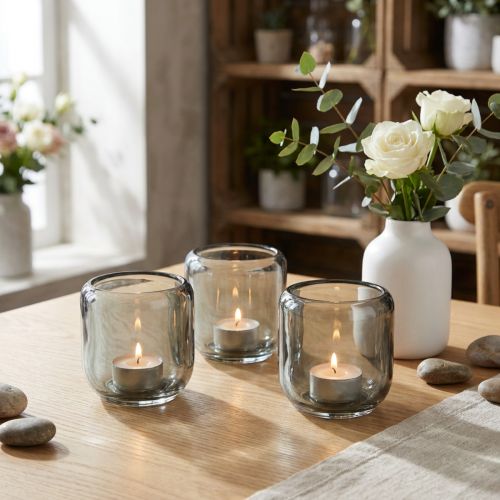 Portavelas de cristal gris con diseño acanalado, 8 cm, 6 unidades | Floristik24.es
