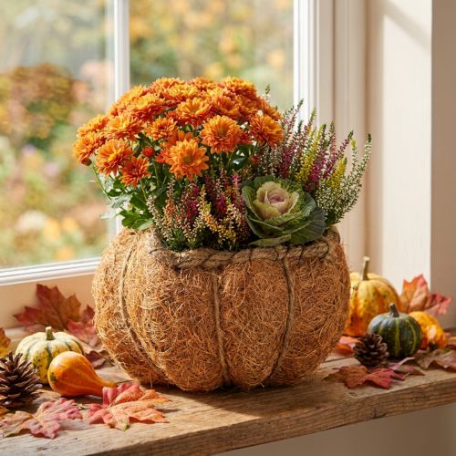 Maceta con forma de calabaza y detalles de papel de aluminio, decoración otoñal, color naranja, Ø18cm, H15cm. | Floristik24.es