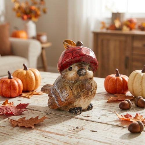 Artículo Figura decorativa de pájaro con gorro de manzana roja, decoración otoñal, 13 cm.