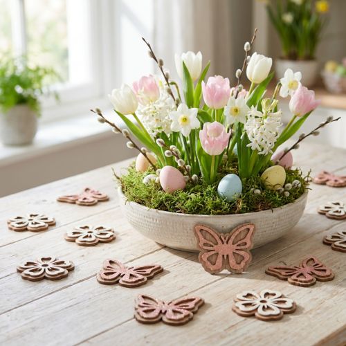 Scatter decoración madera flores/mariposas blanco/rosa Ø4cm 36p | Floristik24.es