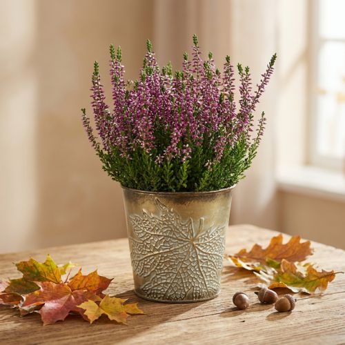 Jardinera para otoño, maceta de metal con decoración de hojas, jardinera dorada Ø10cm H10cm | Floristik24.es