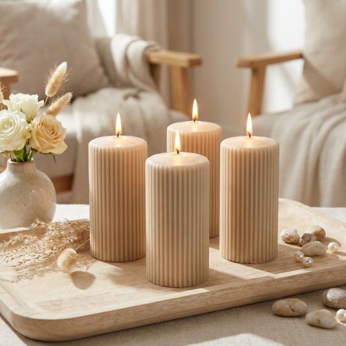 Velas cilíndricas, color beige, acanaladas, 70/130 mm, 4 unidades. | Floristik24.es