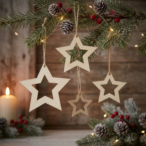Estrellas de madera decoración decoración percha estrella de madera natural 6/8/10/12cm 16 piezas | Floristik24.es