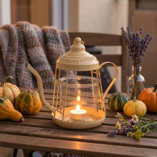Portavelas farol de cristal tetera naranja Ø15cm H26cm | Floristik24.es