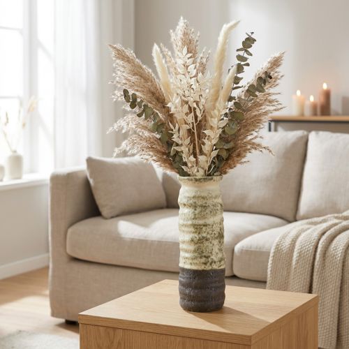 Jarrón de cerámica para flores secas, color crema, verde grisáceo, 34 cm de alto | Floristik24.es