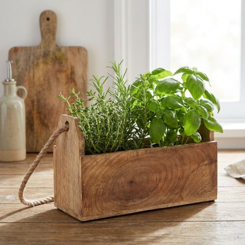 Jardinera de madera con asa, cuadrada, yute natural 27x12x17cm | Floristik24.es