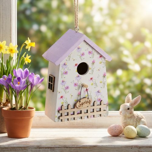 Casita para pájaros decorativa de primavera color lila y blanco, 11 cm de alto, 3 unidades | Floristik24.es