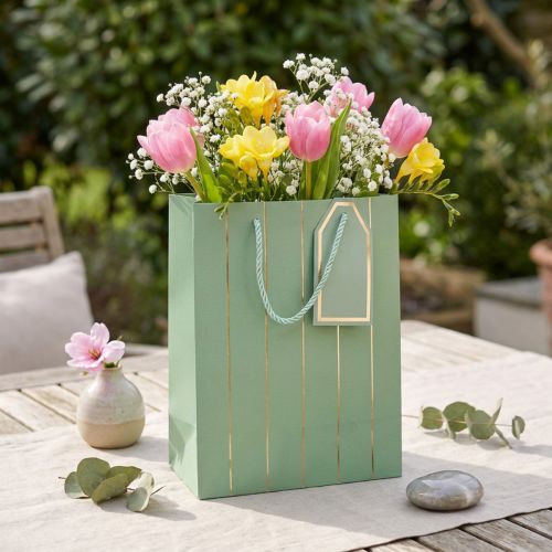 Bolsa regalo verde claro rayas doradas 18×10×23cm 1ud | Floristik24.es