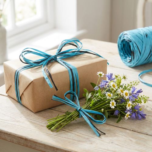 Artículo Cinta decorativa de plástico, rafia, cinta de regalo multicolor azul-marrón L200m