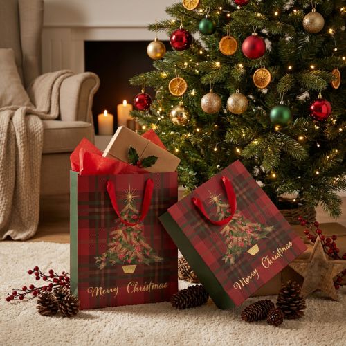Bolsa navideña con asas árbol de Navidad cuadros 26×32×10cm 4ud | Floristik24.es