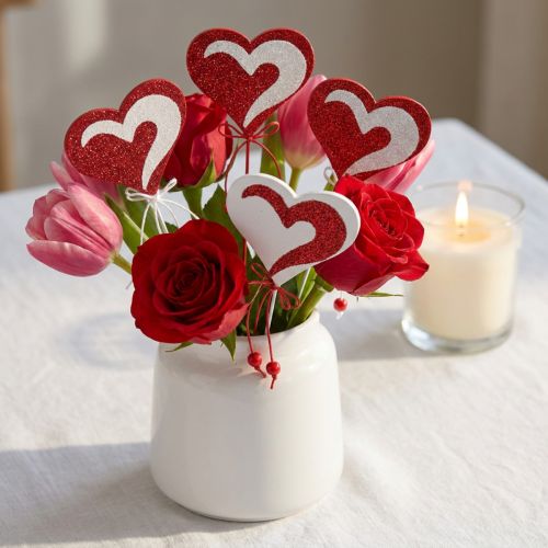 Corazón en un palo, rojo y blanco, corazón decorativo, decoración para el Día de San Valentín, 16 piezas | Floristik24.es