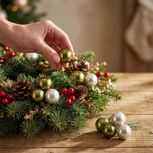 Bola de Navidad de cristal con espejo, bayas, color oliva y plata, Ø40 mm, 32 unidades | Floristik24.es