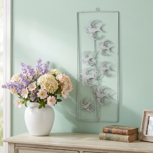 Decoración de golondrina, decoración de pared de metal, pájaros para colgar blanco, plata shabby chic H47,5 cm | Floristik24.es