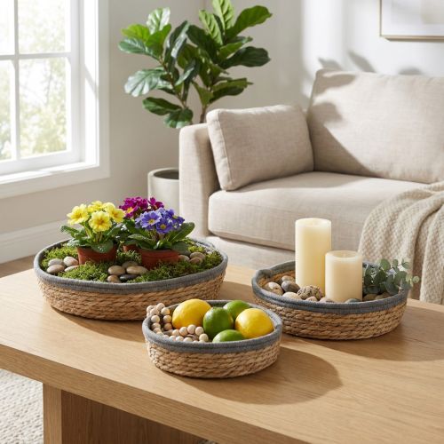 Juego de bandejas de cesta redondas, naturales, cuencos para plantas tejidos y bandeja decorativa, juego de 3 piezas Ø33/30/25 cm H8/7 cm | Floristik24.es