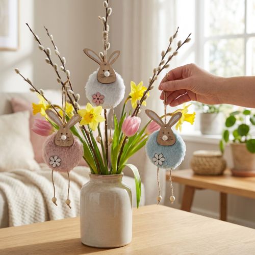 Percha conejitos percha decorativa Pascua madera peluche 26×7×2cm 6uds | Floristik24.es