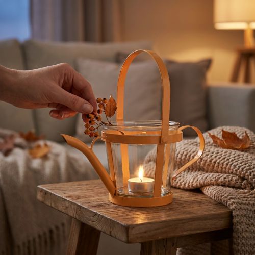 Regadera decorativa de vidrio farol metal naranja Ø14cm H13cm | Floristik24.es