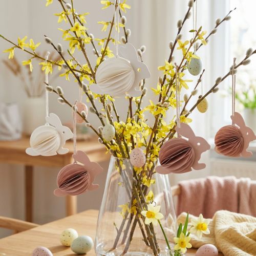 Conejitos de Pascua colgantes con forma de panal, blancos y naranjas, 8 cm de alto, 5 unidades. | Floristik24.es