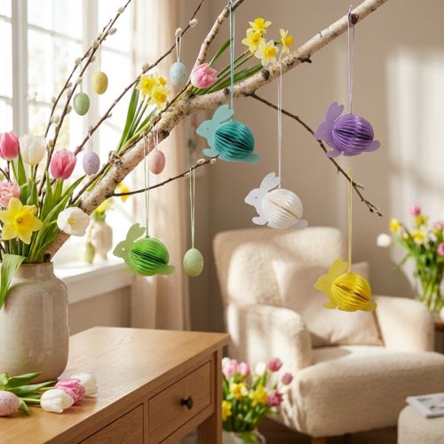 Conejitos de Pascua en forma de panal para colgar sentado 9,5×5,5×8cm 5ud | Floristik24.es
