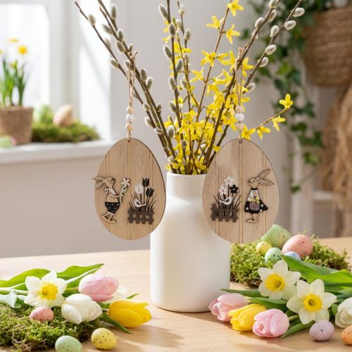 Huevos de Pascua colgantes, huevo de madera con conejo, blanco natural, 13 cm, 6 unidades | Floristik24.es