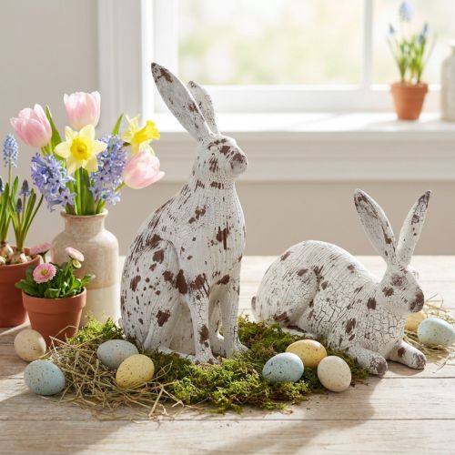 Conejitos decorativos blanco vintage aspecto madera Pascua Al. 14,5/24,5 cm 2 unidades | Floristik24.es