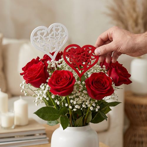 Tapón flor corazón rojo, tapón decorativo blanco San Valentín 7cm 12uds | Floristik24.es