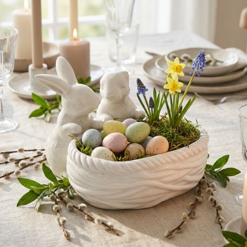 Artículo Conejos con nido, decoración de mesa, nido de Pascua, decoración de porcelana, cuenco decorativo blanco L15cm H11cm