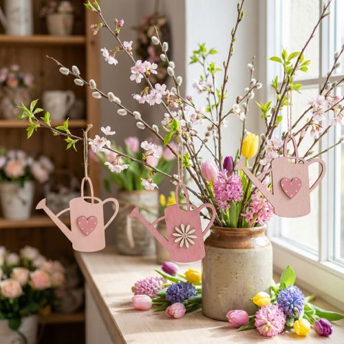 Decoración colgante regadera de madera deco percha deco rosa 14x12cm 6pcs | Floristik24.es