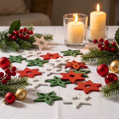 Decoración dispersa Estrellas navideñas de madera rojo/blanco/verde Ø3,5cm 72 piezas | Floristik24.es