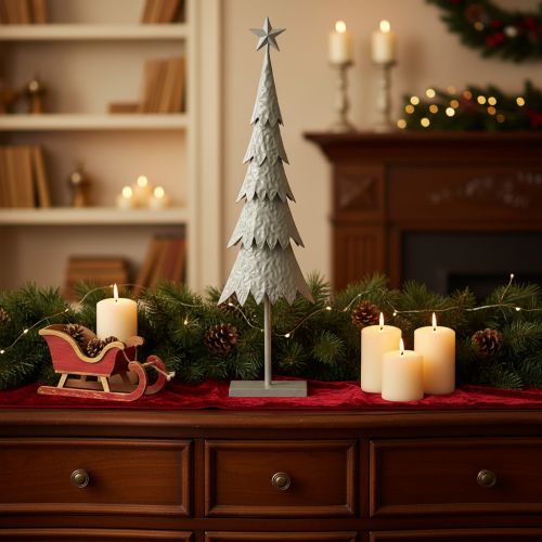 Árbol de Navidad decorativo sobre soporte con estrella, decoración festiva para mesa, 74 cm. | Floristik24.es