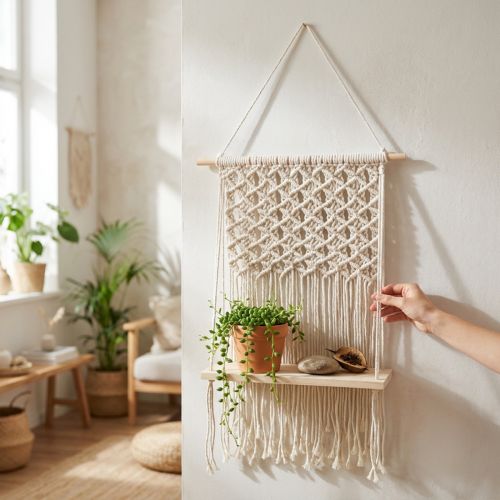 Macetero colgante de macramé, estilo bohemio, estante colgante, macetero, decoración de ventana, tablero de madera, 40 x 15 cm | Floristik24.es