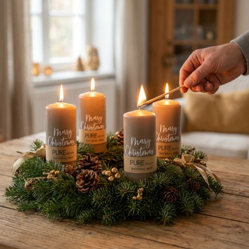 Velas de Adviento "Feliz Navidad": velas de cera natural en marrón, juego de 4, Ø60 mm, altura 130 mm, sello de calidad RAL, velas decorativas de Navidad. | Floristik24.es