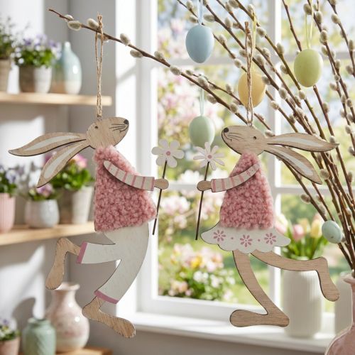 Decoración de pared conejito de Pascua para colgar madera rosa 14×19,5cm 4 piezas | Floristik24.es
