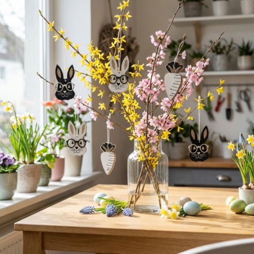 Colgante de madera conejo con gafas purpurina zanahoria 4×7.5cm 9pcs | Floristik24.es