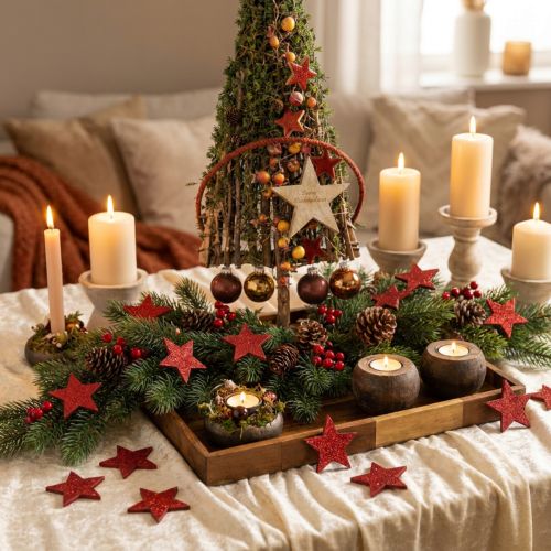 Estrellas de madera estrellas decorativas decoración dispersa roja efecto brillante Ø5cm 12 piezas | Floristik24.es
