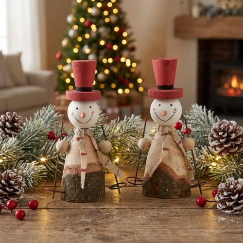 Adorable juego de 2 muñecos de nieve de madera con sombreros de copa rojos - Decoración de mesa de invierno - Natural y rojo, 15,5 cm, 2 unidades | Floristik24.es