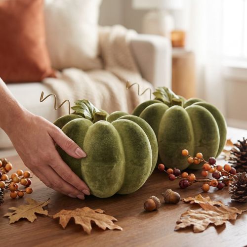 Decoración de calabaza flocada, 20 cm, calabaza verde, aspecto aterciopelado, 2 piezas | Floristik24.es