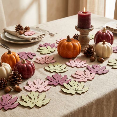 Decoración de madera para mesa, hojas de otoño, color morado, rosa y verde, 4 cm, 72 piezas. | Floristik24.es