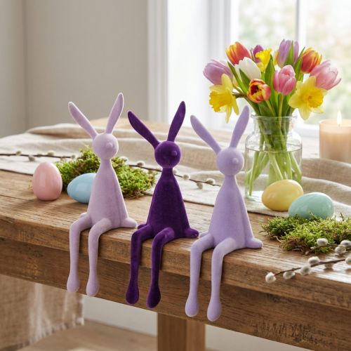 Conejo de Pascua flocado lila 36 cm 3 piezas | Floristik24.es