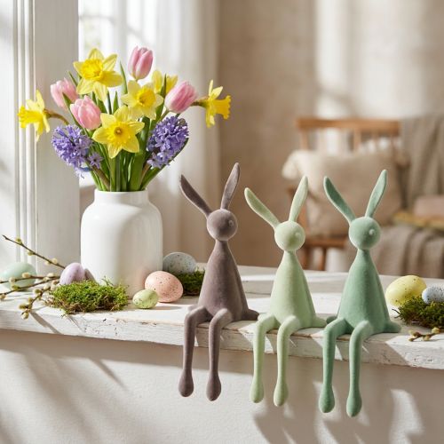 Conejito de Pascua para estantes, flocado, verde/marrón, 28 cm, 3 piezas | Floristik24.es